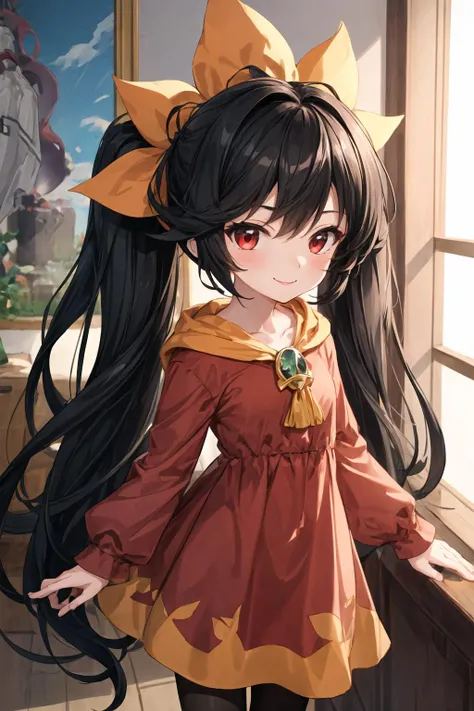 1girl, solo, ashley (warioware), twintails, orange hairband, red eyes, black hair, big hair, long hair, pantyhose, red dress, flat chest, smile, indoors, looking at viewer, facing viewer, standing, portrait, (best quality), (detailed), soft shadows, depth of field, illustration, colorful, 4k, <lora:add_detail:0.7>, <lora:AshleyFinalV2-000002:1>, <lora:GoodHands-vanilla:1>