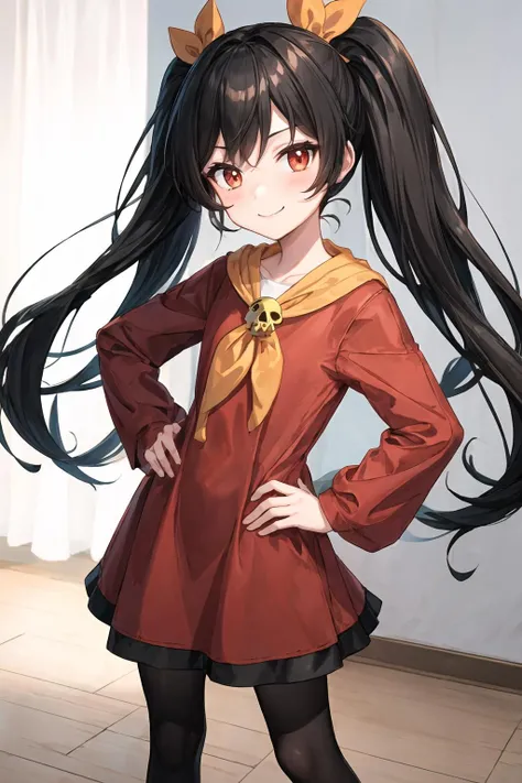 1girl, solo, ashley (warioware), skull, twintails, orange hairband, red eyes, black hair, long hair, pantyhose, long sleeves, red dress, flat chest, smile, indoors, looking at viewer, facing viewer, hand on own hip, (best quality), (detailed), soft shadows, depth of field, illustration, colorful, 4k, <lora:add_detail:0.7>, <lora:AshleyFinalV2-000002:1>, <lora:GoodHands-vanilla:1>, <lora:uwu:1>