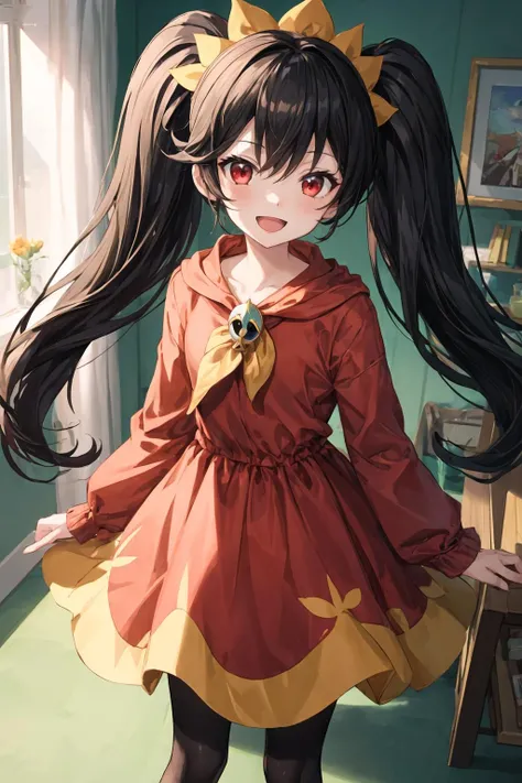 1girl, solo, ashley (warioware), twintails, orange hairband, red eyes, black hair, big hair, long hair, pantyhose, red dress, flat chest, smile, indoors, looking at viewer, facing viewer, standing, open mouth, (best quality), (detailed), soft shadows, depth of field, illustration, colorful, 4k, <lora:add_detail:0.7>, <lora:AshleyFinalV2-000002:1>, <lora:GoodHands-vanilla:1>