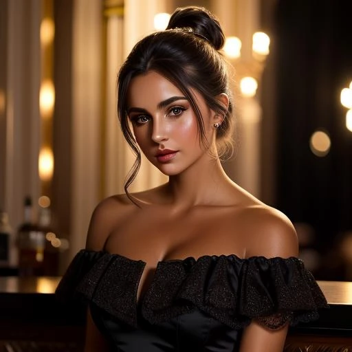 1girl, long hair, foundation, concealer, mascara, rosy cheeks, smokey eye makeup, lipstick, photorealistic, hyperrealistic, hyperdetailed, analog style, soft lighting, subsurface scattering, realistic, heavy shadow, masterpiece, best quality, ultra realistic, 8k, golden ratio, Intricate, High Detail, film photography, soft focus, (european, caucasian:1.5), luxurious night club, dim mood lighting, accent lighting, high end, upscale, posh, fancy ornate bar, (short black cocktail dress:1.25), strapless, bare shoulders, (hair up in messy bun:1.3), content, relaxed, soft smile, elegant dignified pose, (beautiful, gorgeous, flawless complection, glamour model:1.3), twilight blue, sparkling silver, galaxy purple, black velvet, (medium shot:1.4), (portrait:1.2), (hispanic, spanish, dark tan skin:1.3)