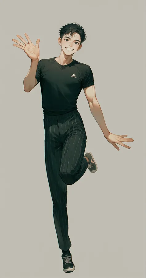 best quality, masterpiece, score_9, score_8_up, score_7_up, source_anime, rating_safe,
black hair, black eyes, mullet, bangs, straight hair, black shirt, black pants, black trainers,, smile,
1man, solo, adult, hands,
white background, no background, photoshoot,
