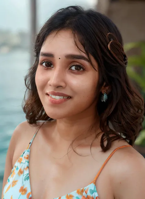 portrait of skswoman, happiness , wearing swimwear , with dark brown A-line haircut , background ocean epic (photo, studio lighting, hard light, sony a7, 50 mm, matte skin, pores, colors, hyperdetailed, hyperrealistic), <lyco:Anikha SurendranV2:1.1>