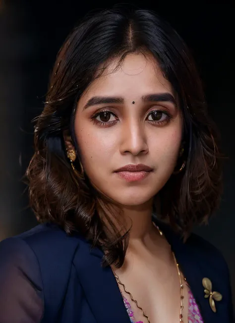 portrait of skswoman, disgusted , wearing suit , with dark brown Feathered haircut , background moon epic (photo, studio lighting, hard light, sony a7, 50 mm, matte skin, pores, colors, hyperdetailed, hyperrealistic), <lyco:Anikha SurendranV2:1.1>