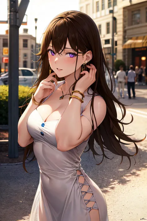 masterpiece, (best quality), 1woman,1girl ,1boy,,katherine, long hair, brown hair, purple eyes ,dress, white dress, , medium breasts,,sexy woman, jewelry, hoop earrings, necklace, formal event , vibrant colors ,,natural lighting ,RTX, , beautiful, (detailed face:1.2), showcase, (perfect eyes:1.1) ,(photorealistic:1.1), 8k uhd, looking at viewer, outdoors, simple backround