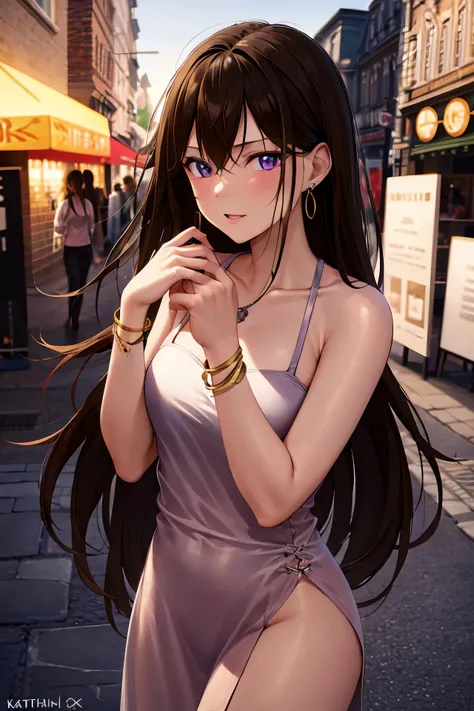 masterpiece, (best quality), 1woman,1girl ,1boy,,katherine, long hair, brown hair, purple eyes ,dress, white dress, , medium breasts,,sexy woman, jewelry, hoop earrings, necklace, formal event , vibrant colors ,,natural lighting ,RTX, , beautiful, (detailed face:1.2), showcase, (perfect eyes:1.1) ,(photorealistic:1.1), 8k uhd, looking at viewer, outdoors, simple backround