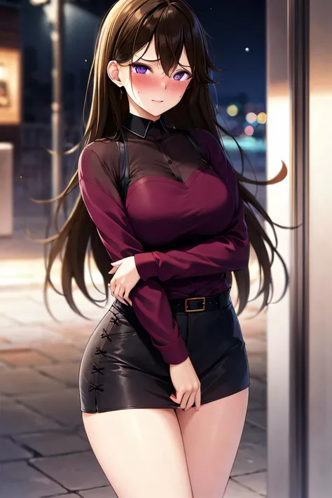 masterpiece, (best quality), 1woman,1girl ,1boy,,katherine, pink hair, long hair, brown hair, purple eyes ,sweater, white shirt, pants, shirt, long sleeves, medium breasts,,sexy woman, embarrassed,blush, , vibrant colors ,,natural lighting ,RTX, , beautiful, (detailed face:1.2), showcase, (perfect eyes:1.1) ,(photorealistic:1.1), 8k uhd, looking at viewer, outdoors, simple backround