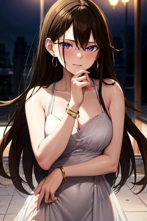 masterpiece, (best quality), 1woman,1girl ,1boy,,katherine, long hair, brown hair, purple eyes ,dress, white dress, , medium breasts,,sexy woman, jewelry, hoop earrings, necklace, formal event , vibrant colors ,,natural lighting ,RTX, , beautiful, (detailed face:1.2), showcase, (perfect eyes:1.1) ,(photorealistic:1.1), 8k uhd, looking at viewer, outdoors, simple backround