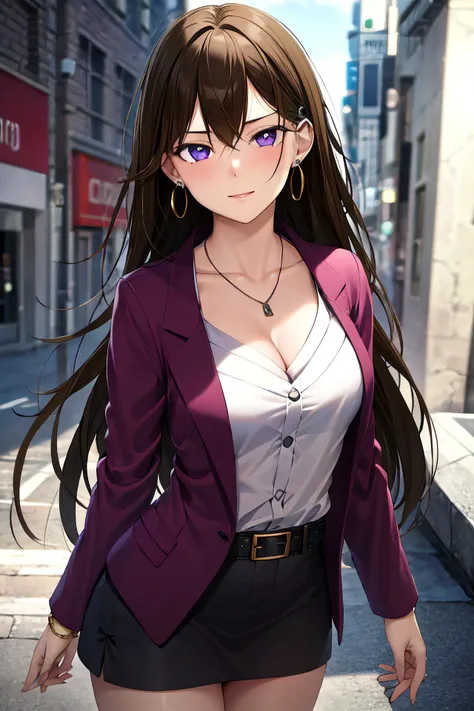 masterpiece, (best quality), 1woman,1girl ,1boy,,katherine, long hair, brown hair, purple eyes , sweater, white shirt, jacket, skirt , medium breasts,,sexy woman, jewelry, hoop earrings, necklace, , vibrant colors ,,natural lighting ,RTX, , beautiful, (detailed face:1.2), showcase, (perfect eyes:1.1) ,(photorealistic:1.1), 8k uhd, looking at viewer, outdoors, simple backround