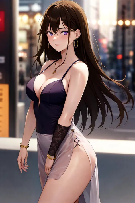 masterpiece, (best quality), 1woman,1girl ,1boy,,katherine, long hair, brown hair, purple eyes ,dress, white dress, , medium breasts,,sexy woman, jewelry, hoop earrings, necklace, formal event , vibrant colors ,,natural lighting ,RTX, , beautiful, (detailed face:1.2), showcase, (perfect eyes:1.1) ,(photorealistic:1.1), 8k uhd, looking at viewer, outdoors, simple backround