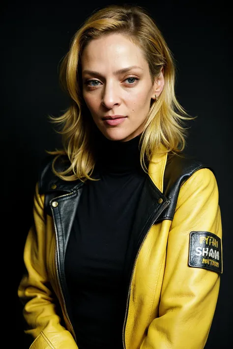 an eye contact of a woman, (um4thurm4n_ti_v3-5000:0.98),wearing a black and yellow leather jacket, street fighter,round blue eyes, dark theme