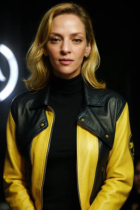 an eye contact of a woman, (um4thurm4n_ti_v3-5000:0.98),wearing a black and yellow leather jacket, street fighter,round blue eyes, dark theme
