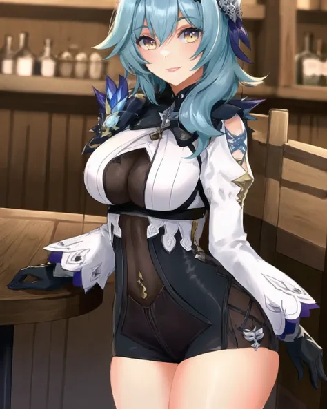 1girl, bangs, breasts, yellow eyes,medium hair, eyebrows visible through hair, gloves,light smile,lipstick, hair_ornament, hairband, large breasts, long hair, looking at viewer,bar background,standing, hands on table,pov,looking at viewer,yellow eyes, hands on hips, solo, thighhighs, thighs,huge breasts,thick  thighs,barehanded