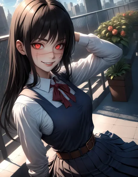 1girl, solo, csmyoru, scar on face, yellow / red eyes, ringed eyes, school uniform, pinafore dress, white shirt, ribbon, long sleeves, belt, sexy detailed face, looking at viewer, evil smile, on school roof, planters, benches, chain fence, natural lighting, blue sky, city, sunlight, beautiful lighting, shadows, ray traced, <lora:add-detail-xl:1>, very aesthetic, best quality, <lora:csm_yoru_xl:1>