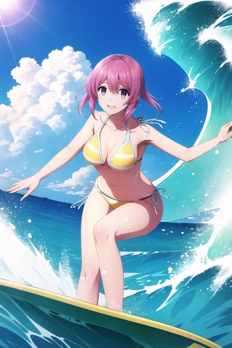 Highly detailed, High Quality, Masterpiece, beautiful, 1girl, solo, OnoeSerikaBikini, yellow bikini, <lora:OnoeSerika:0.7>, surfing, waves, <lora:Pos_Surfing:0.8>