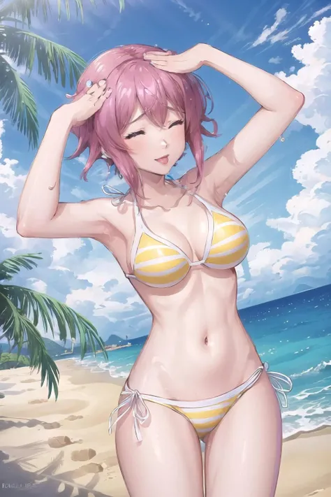 Highly detailed, High Quality, Masterpiece, beautiful, 1girl, solo, OnoeSerikaBikini, yellow bikini, <lora:OnoeSerika:0.7>, hahetobleh, from above, hands on own head, closed eyes, tongue, <lora:Pos_AhEtoMemePose:0.8>, ((Beach, palm trees, detailed water, blue sky, cinematic angle dramatic shadows, vibrant colors, backlighting, depth of field, highleg, contrapposto, toned))