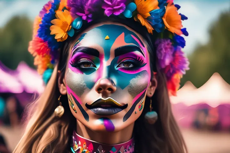 Hyper realistic pictures from a festival with nikon d850, 85mm lens, a model with an abstract festival facepaint and make up with uv bright parts <lora:Lexica_XL_V1:1> Lexica art style