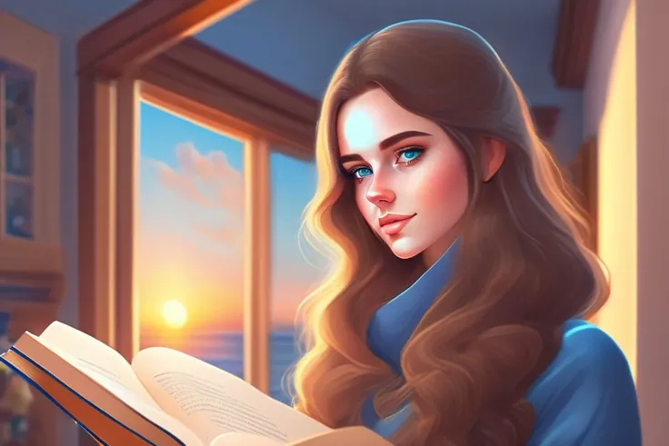A beauty girl, with blue eyes and brown hair, read a book in the house, sunset time <lora:Lexica_XL_V1:1> Lexica art style