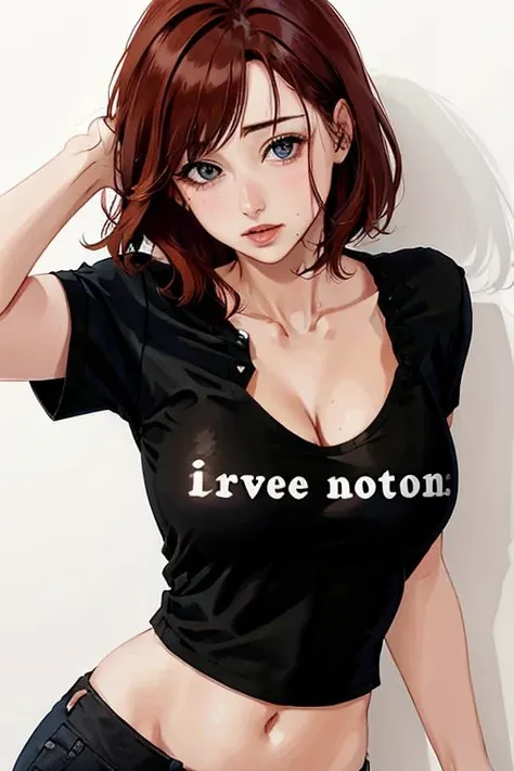 n0t1t5,<lora:n0t1t5-v2c:1.1>, auburn hair, shirt, cleavage <lora:btpt-fc-v2:0.3>