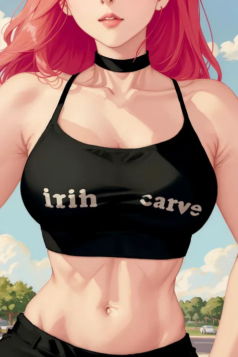 crop top, (text:1.2), <lora:NoTitsCropTop-V2.1-000020:1>, midriff, cleavage, sports bra, detailed face, colorful clothing, park, sky, trees