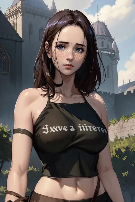 crop top, (text:1.4), <lora:NoTitsCropTop-V2.1-000020:1>, (masterpiece), (extremely intricate:1.3), (realistic), portrait of a girl, the most beautiful artwork in the world, (medieval armor), metal reflections, upper body, outdoors, intense sunlight, far away castle, professional oil painting of a stunning woman by Ed Blinkey and Atey Ghailan and Jeremy Mann and Greg Rutkowski, detailed, sharp focus, dramatic, award winning, matte drawing, cinematic lighting, octane render, unreal engine, volumetrics dtx