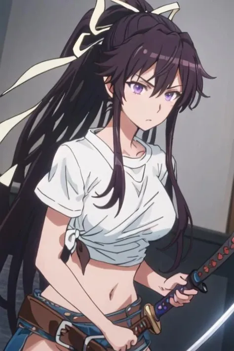 best quality, masterpiece, highres, solo, {kanzaki_kaori_toarumajutsunoindex:1.15}, long_hair, ponytail, ribbon, hair_ribbon, black_hair, purple_eyes, very_long_hair, 1girl, katana, sword, weapon, holding_sword, holding_weapon, holding, shirt, sheath