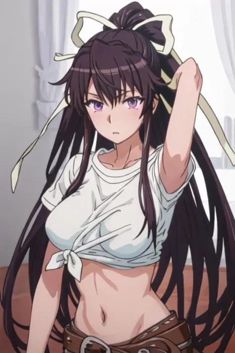 best quality, masterpiece, highres, solo, {kanzaki_kaori_toarumajutsunoindex:1.15}, long_hair, ponytail, ribbon, hair_ribbon, black_hair, purple_eyes, very_long_hair, 1girl, midriff, shirt, breasts, navel, tied_shirt