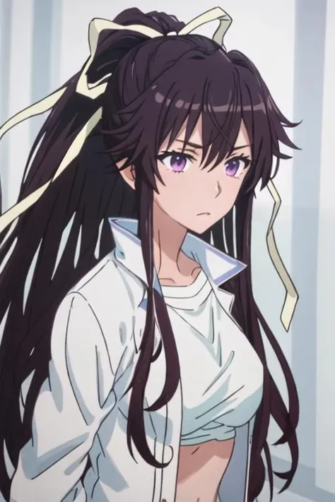 best quality, masterpiece, highres, solo, {kanzaki_kaori_toarumajutsunoindex:1.15}, long_hair, ponytail, ribbon, hair_ribbon, black_hair, purple_eyes, very_long_hair, 1girl, white_ribbon, shirt, white_shirt, jacket, blue_jacket, upper_body, closed_mouth, bangs, looking_at_viewer