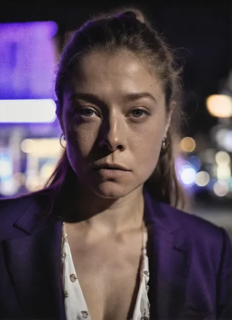 candid RAW close up portrait photo of sks woman in a (purple colored suit:1.0) on a dark street with shopping windows (at night:1.2), bokeh, Ilford Delta 3200 film, dof, high definition, detailed, intricate, flashlight, <lora:locon_emmadarcy_v1_from_v1_64_32:1.25>