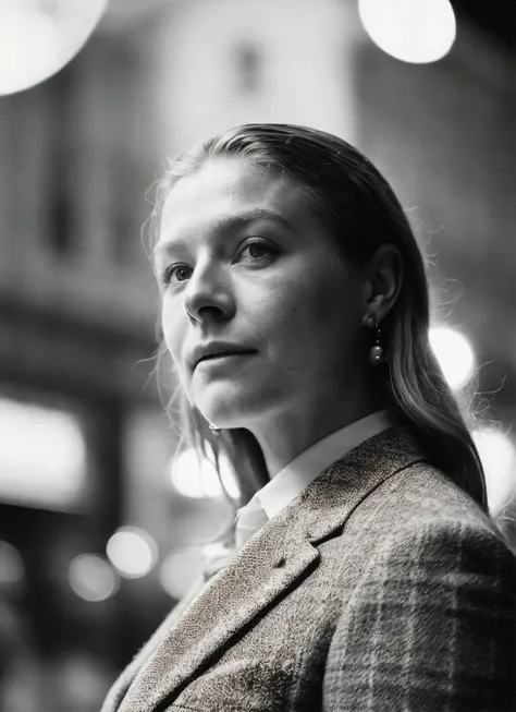 candid RAW close up portrait photo of sks woman in a (purple colored suit:1.0) on a dark street with shopping windows (at night:1.2), bokeh, Ilford Delta 3200 film, dof, high definition, detailed, intricate, flashlight, <lora:locon_emmadarcy_v1_from_v1_64_32:1.25>