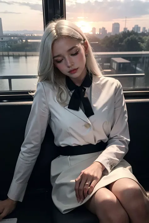 masterpiece, best quality, cowboy shot, sunset, 1girl, medium breasts, white hair, medium length hair, black blazer, white blouse, black skirt, black pencil skirt, eyes closed, head tilted, sleeping,
 <lora:transportation_against_window:0.5>, transportation_against_window, sitting on the seat,
modern city, in the train,
