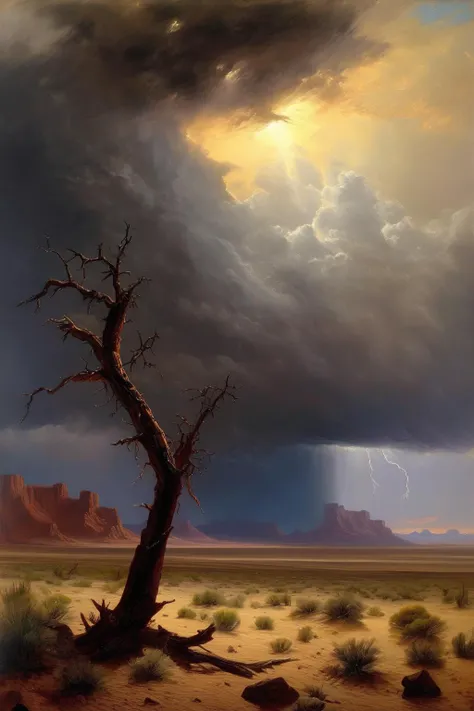 <lora:Thomas Moran Style:1>Thomas Moran Style - In the realm where fantasy and reality intertwine, a vast desert landscape stretches as far as the eye can see, rendered in the mesmerizing style of Albert Bierstadt using traditional oil paints. The scene is set as an imminent thunderstorm brews on the horizon, casting a surreal and dramatic atmosphere over the arid expanse. The desert, rendered with meticulous brushstrokes, is a symphony of warm earth tones. The rolling dunes undulate across the canvas, their golden hues kissed by the setting sun. Shadows deepen between the peaks and valleys of the sand, creating a sense of depth and mystery. But it is the approaching storm that steals the show. The sky above is a swirling cauldron of contrasting elements. Dark, brooding storm clouds gather, pregnant with electricity and heavy rain. Their billowing forms bear a hint of iridescence, a subtle play of colors amidst the ominous grayness. Jagged bolts of lightning intermittently pierce the darkened sky, illuminating the desert below in brief, brilliant flashes. The contrast between the illuminated foreground and the darkening sky intensifies as the storm approaches. Rays of sunlight, defiantly breaking through gaps in the clouds, dapple the dunes with golden accents. These fleeting moments of illumination create a striking juxtaposition against the encroaching darkness, capturing the delicate balance between hope and foreboding. In the distance, the silhouette of a solitary desert plant stands as a resilient sentinel. Its gnarled branches twist and reach towards the heavens, as if bracing itself against the impending storm. The plant's leaves, painted with intricate detail, rustle in the gusts of wind, hinting at the imminent torrential downpour that will soon quench the desert's thirst. The brushstrokes of the oil painting are bold and expressive, capturing the raw power and sublime beauty of nature. Every stroke brings the scene to life, evoking a sense of awe and reverence for the untamed forces at play. The painting exudes a sense of anticipation, as if freezing a singular moment in time, just before the storm unleashes its fury upon the desert landscape.