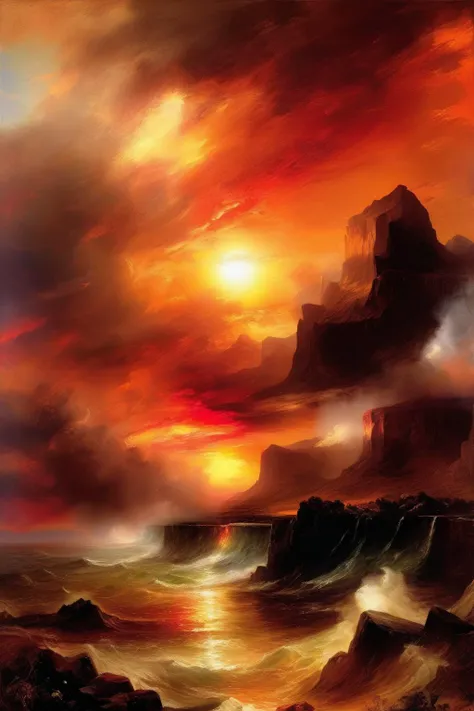 <lora:Thomas Moran Style:1>Thomas Moran Style - Dramatic sunset by Thomas Moran. warm tones v- 5