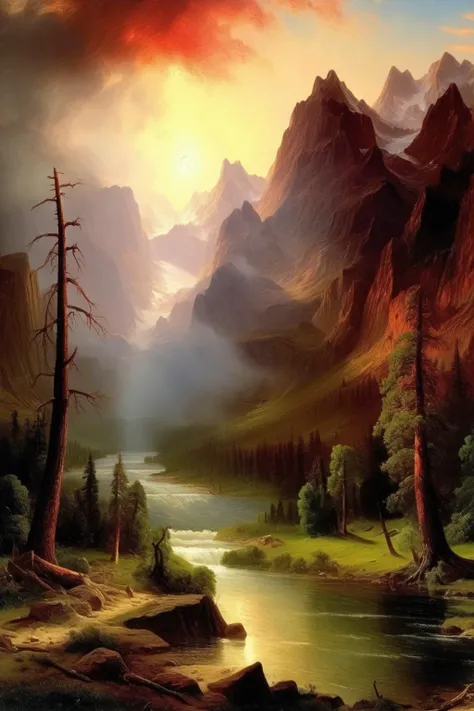 <lora:Thomas Moran Style:1>Thomas Moran Style - albert bierstadt painting mountains and rivers