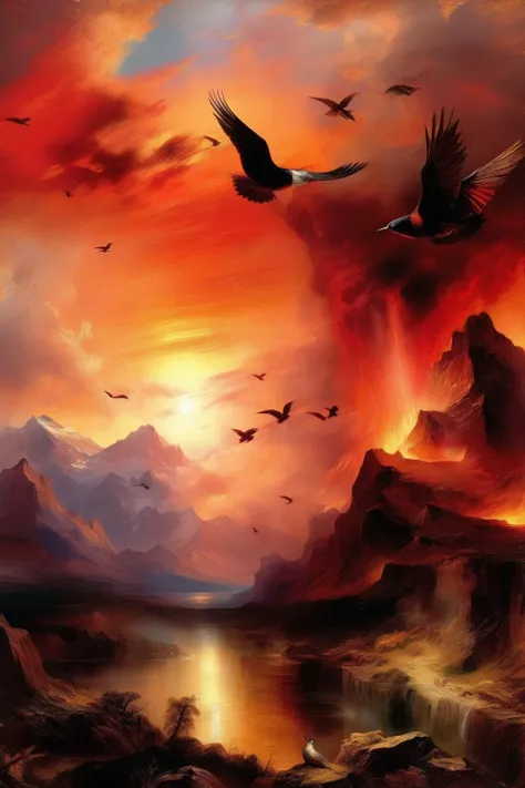 <lora:Thomas Moran Style:1>Thomas Moran Style - Dramatic sunset by Thomas Moran. fire. mountains. birds v- 5