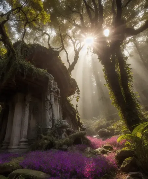 (Cinematic Photo:1.3) of ancient marble altar in fairy forest, random beautiful jungle, knotted roots, vibrant colors, gnarled trees, fractal lush vegetation, natural sunlight, intricate details, many mess tiny colorful flowers, (oversaturate:1.2), by Jean-Baptiste Monge, Gilles Beloeil, Tyler Edlin, Marek Okon, Pixar, album art, comic style, golden ratio, perfect composition, a masterpiece, trending on artstation,Highly Detailed,Highly Detailed,naturalism,land Art,regionalism,shutterstock contest winner,trending on unsplash,featured on Flickr