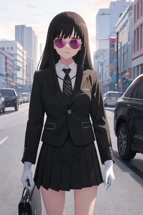 best quality, masterpiece, highres, solo, {black business suit:1.40}, {tie:1.20}, {sunglasses:1.25}, {white gloves:1.15}, {white shirt:1.10}, {black skirt:1.15}, {smoking:1.20}, handsome, {aya_asagiri_mahoushoujosite:1.15}, long_hair, black_hair, serafuku, bangs, purple_eyes, anime_coloring, red_eyes
