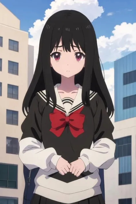 best quality, masterpiece, highres, solo, {aya_asagiri_mahoushoujosite:1.15}, long_hair, black_hair, serafuku, bangs, purple_eyes, anime_coloring, red_eyes, 1girl, cloud, day, outdoors, shirt, sky, blue_sky, collarbone, striped, upper_body, long_sleeves