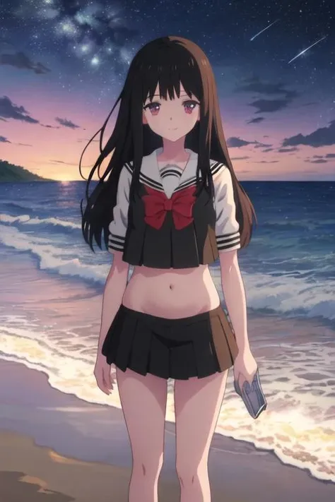 best quality, masterpiece, highres, solo, {night:1.10}, {starry sky:1.10}, beach, beautiful detailed sky, {extremely detailed background:1.20}, {aya_asagiri_mahoushoujosite:1.15}, {standing:1.10}, looking at viewer, {bikini:1.30}, long_hair, black_hair, serafuku, bangs, purple_eyes, anime_coloring, red_eyes, light smile