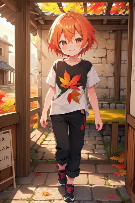 <lora:cutifiedanimecharacterdesign_variant_type_B_SD_v10:0.7>
one boy standing alone in a wooden village,  eyes are orange,  hair is short has orange color, wearing a t-shirt and black box pants, autumn leaves,
full body, looking at viewer, smile, male focus
The soft lighting and detailed surroundings create an immersive environment where imagination runs wild,
hyper-detailed, high quality visuals, dim Lighting, ultra-realistic, sharply focused, octane render, 8k UHD