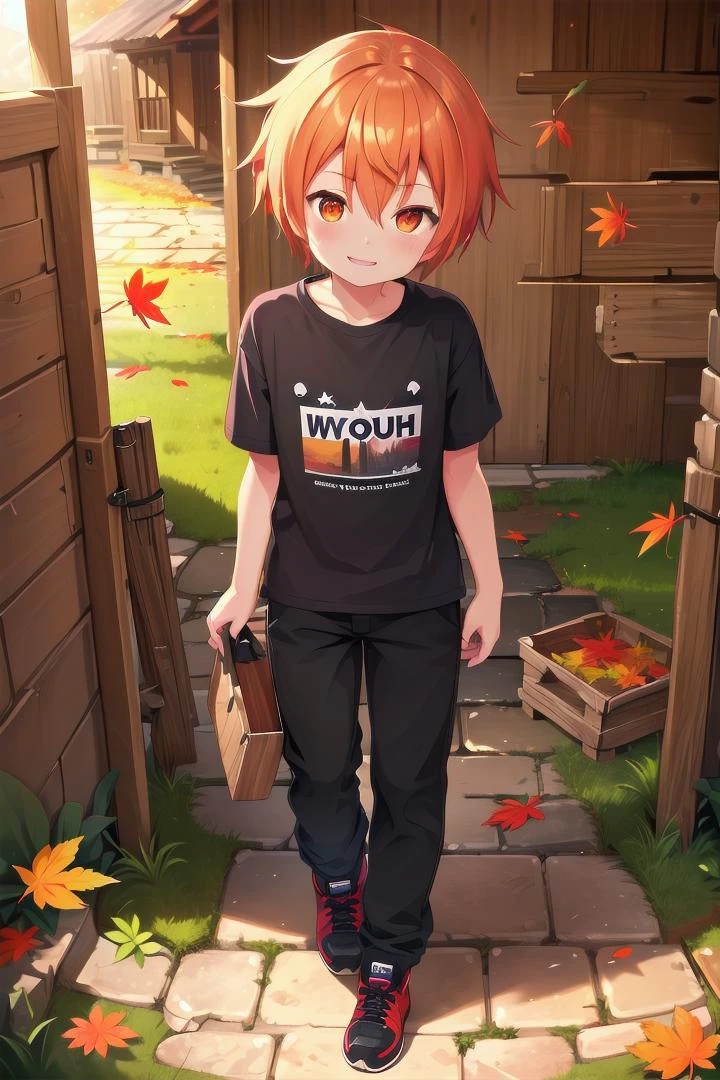 <lora:cutifiedanimecharacterdesign_variant_type_B_SD_v10:0.7>
one boy standing alone in a wooden village, eyes are orange, hair is short has orange color, wearing a t-shirt and black box pants, autumn leaves,
full body, looking at viewer, smile, male focus
The soft lighting and detailed surroundings create an immersive environment where imagination runs wild,
hyper-detailed, high quality visuals, dim Lighting, ultra-realistic, sharply focused, octane render, 8k UHD