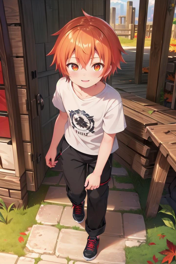 <lora:cutifiedanimecharacterdesign_variant_type_B_SD_v10:0.7>
one boy standing alone in a wooden village, eyes are orange, hair is short has orange color, wearing a t-shirt and black box pants, autumn leaves,
full body, looking at viewer, smile, male focus
The soft lighting and detailed surroundings create an immersive environment where imagination runs wild,
hyper-detailed, high quality visuals, dim Lighting, ultra-realistic, sharply focused, octane render, 8k UHD