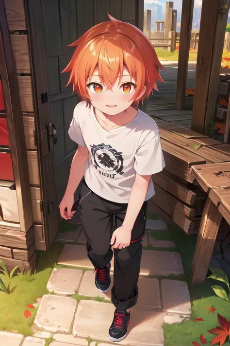 <lora:cutifiedanimecharacterdesign_variant_type_B_SD_v10:0.7>
one boy standing alone in a wooden village,  eyes are orange,  hair is short has orange color, wearing a t-shirt and black box pants, autumn leaves,
full body, looking at viewer, smile, male focus
The soft lighting and detailed surroundings create an immersive environment where imagination runs wild,
hyper-detailed, high quality visuals, dim Lighting, ultra-realistic, sharply focused, octane render, 8k UHD