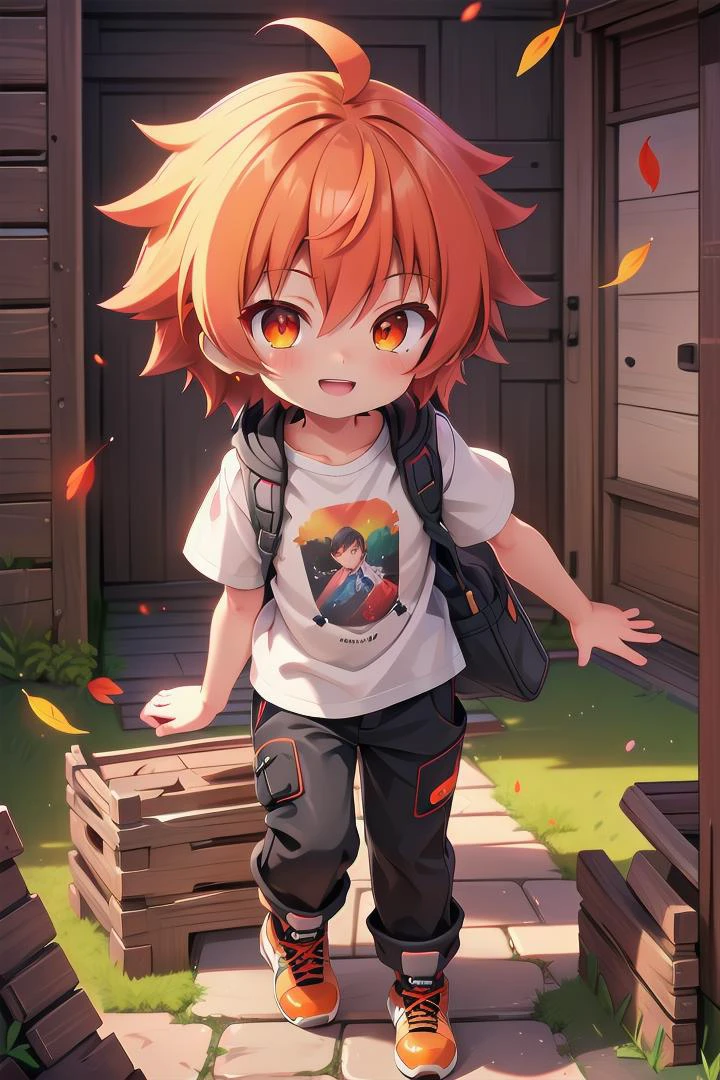 <lora:cutifiedanimecharacterdesign_variant_type_B_SD_v10:0.7>
one boy standing alone in a wooden village, eyes are orange, hair is short has orange color, wearing a t-shirt and black box pants, autumn leaves,
full body, looking at viewer, smile, male focus
The soft lighting and detailed surroundings create an immersive environment where imagination runs wild,
hyper-detailed, high quality visuals, dim Lighting, ultra-realistic, sharply focused, octane render, 8k UHD