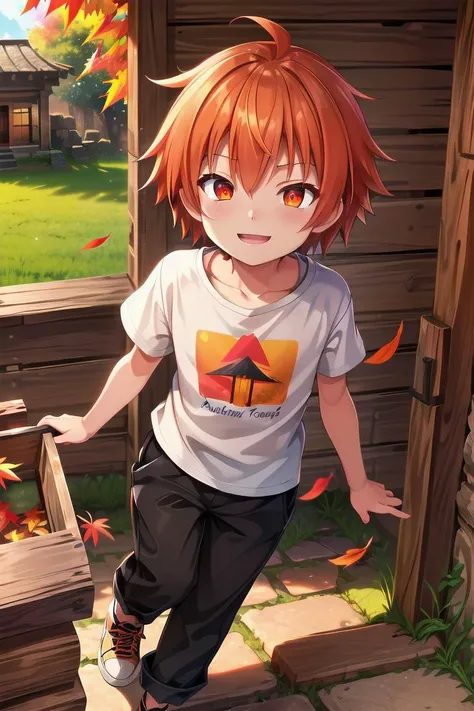 <lora:cutifiedanimecharacterdesign_variant_type_B_SD_v10:0.7>
one boy standing alone in a wooden village, eyes are orange, hair is short has orange color, wearing a t-shirt and black box pants, autumn leaves,
full body, looking at viewer, smile, male focus
The soft lighting and detailed surroundings create an immersive environment where imagination runs wild,
hyper-detailed, high quality visuals, dim Lighting, ultra-realistic, sharply focused, octane render, 8k UHD