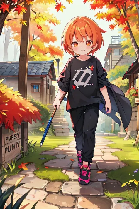 <lora:cutifiedanimecharacterdesign_variant_type_B_SD_v10:0.7>
one boy standing alone in a wooden village,  eyes are orange,  hair is short has orange color, wearing a t-shirt and black box pants, autumn leaves,
full body, looking at viewer, smile, male focus
The soft lighting and detailed surroundings create an immersive environment where imagination runs wild,
hyper-detailed, high quality visuals, dim Lighting, ultra-realistic, sharply focused, octane render, 8k UHD