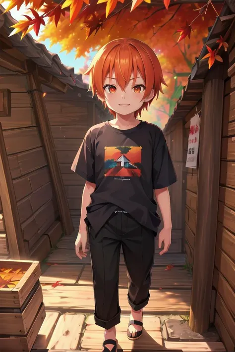 <lora:cutifiedanimecharacterdesign_variant_type_B_SD_v10:0.7>
one boy standing alone in a wooden village, eyes are orange, hair is short has orange color, wearing a t-shirt and black box pants, autumn leaves,
full body, looking at viewer, smile, male focus
The soft lighting and detailed surroundings create an immersive environment where imagination runs wild,
hyper-detailed, high quality visuals, dim Lighting, ultra-realistic, sharply focused, octane render, 8k UHD