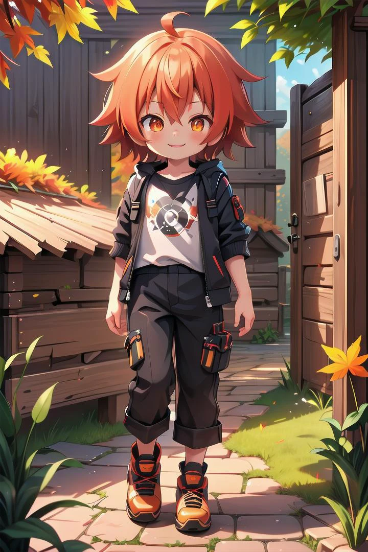 <lora:cutifiedanimecharacterdesign_variant_type_B_SD_v10:0.7>
one boy standing alone in a wooden village, eyes are orange, hair is short has orange color, wearing a t-shirt and black box pants, autumn leaves,
full body, looking at viewer, smile, male focus
The soft lighting and detailed surroundings create an immersive environment where imagination runs wild,
hyper-detailed, high quality visuals, dim Lighting, ultra-realistic, sharply focused, octane render, 8k UHD