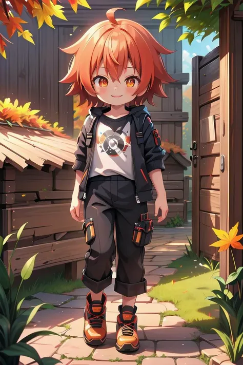 <lora:cutifiedanimecharacterdesign_variant_type_B_SD_v10:0.7>
one boy standing alone in a wooden village,  eyes are orange,  hair is short has orange color, wearing a t-shirt and black box pants, autumn leaves,
full body, looking at viewer, smile, male focus
The soft lighting and detailed surroundings create an immersive environment where imagination runs wild,
hyper-detailed, high quality visuals, dim Lighting, ultra-realistic, sharply focused, octane render, 8k UHD