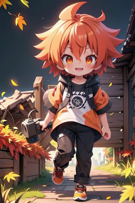 <lora:cutifiedanimecharacterdesign_variant_type_B_SD_v10:0.7>
one boy standing alone in a wooden village,  eyes are orange,  hair is short has orange color, wearing a t-shirt and black box pants, autumn leaves,
full body, looking at viewer, smile, male focus
The soft lighting and detailed surroundings create an immersive environment where imagination runs wild,
hyper-detailed, high quality visuals, dim Lighting, ultra-realistic, sharply focused, octane render, 8k UHD