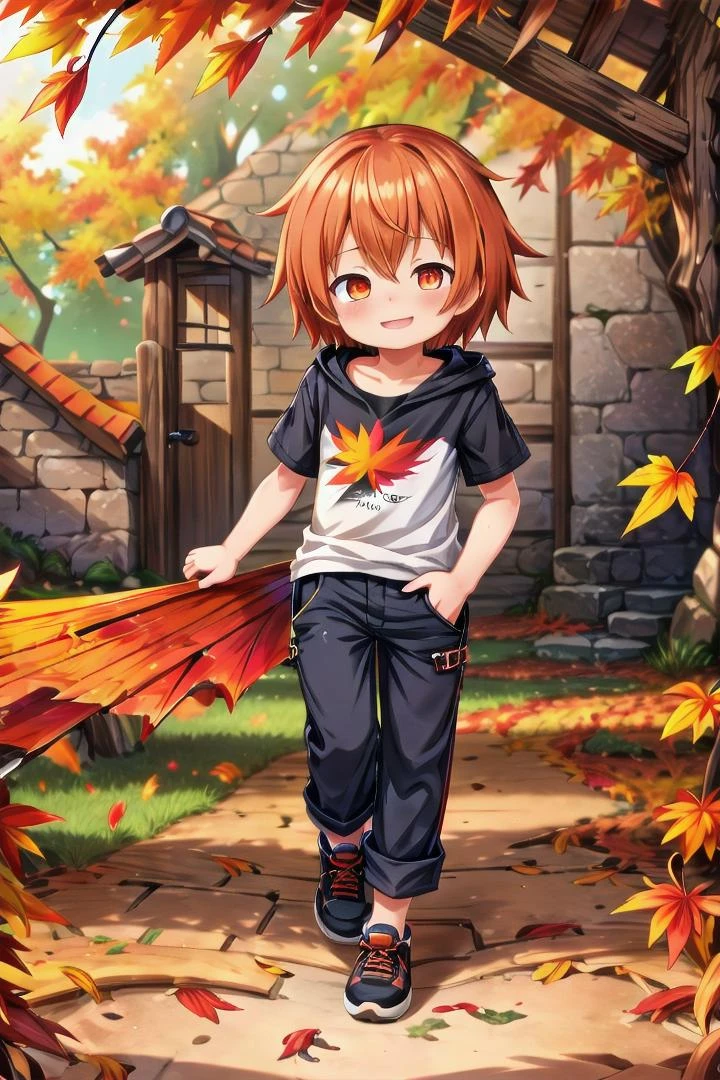 <lora:cutifiedanimecharacterdesign_variant_type_B_SD_v10:0.7>
one boy standing alone in a wooden village, eyes are orange, hair is short has orange color, wearing a t-shirt and black box pants, autumn leaves,
full body, looking at viewer, smile, male focus
The soft lighting and detailed surroundings create an immersive environment where imagination runs wild,
hyper-detailed, high quality visuals, dim Lighting, ultra-realistic, sharply focused, octane render, 8k UHD